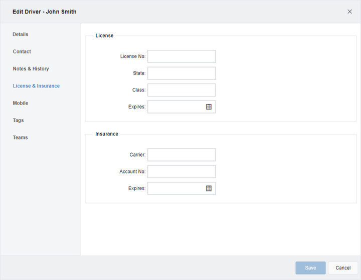 license and insurance tab